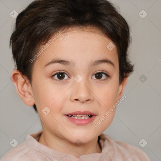 Joyful white child female with short  brown hair and brown eyes