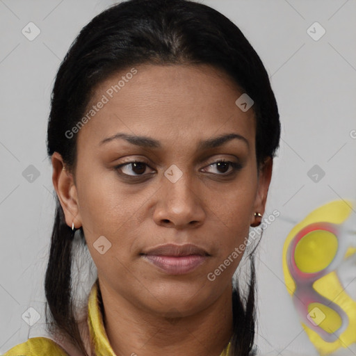 Neutral black young-adult female with short  brown hair and brown eyes