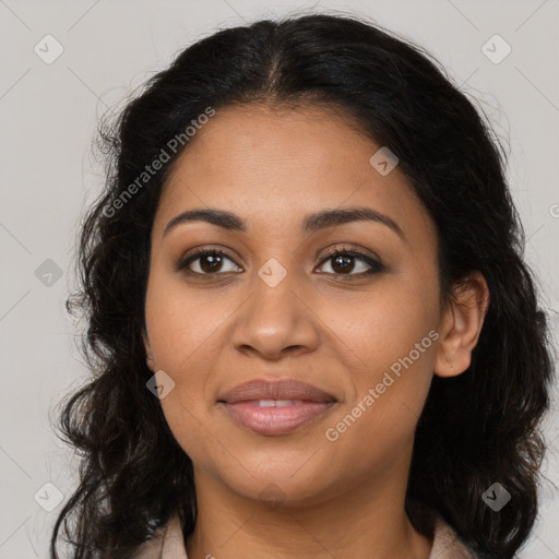 Joyful latino young-adult female with long  brown hair and brown eyes