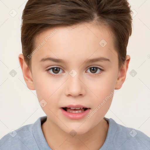 Joyful white child female with short  brown hair and brown eyes