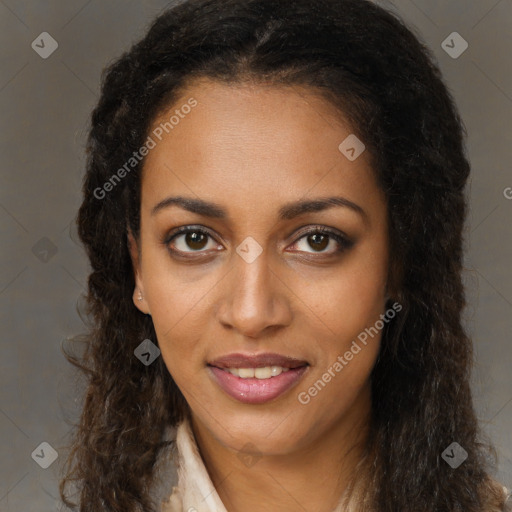 Joyful black young-adult female with long  brown hair and brown eyes