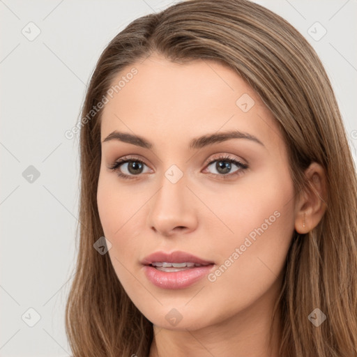 Neutral white young-adult female with long  brown hair and brown eyes