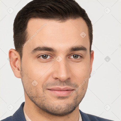 Joyful white young-adult male with short  brown hair and brown eyes