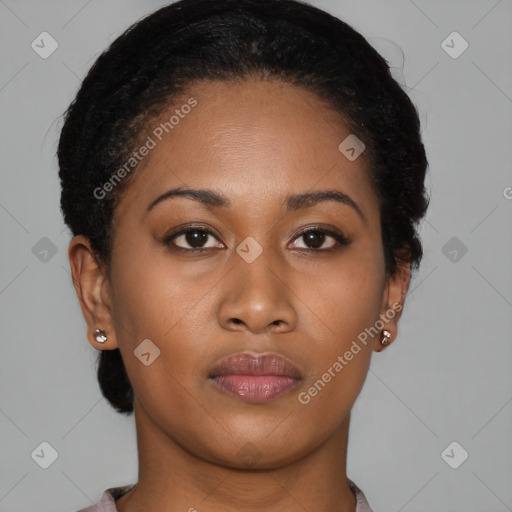Neutral black young-adult female with short  black hair and brown eyes