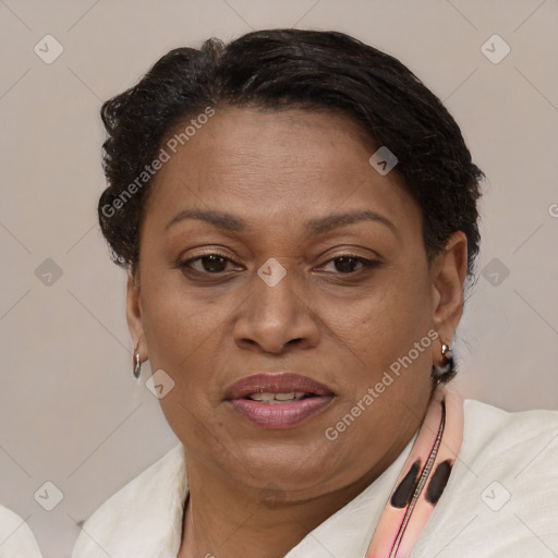 Joyful black adult female with short  brown hair and brown eyes