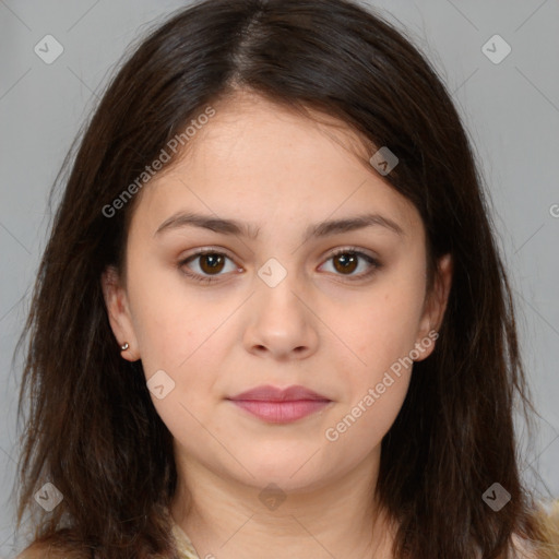 Neutral white young-adult female with medium  brown hair and brown eyes