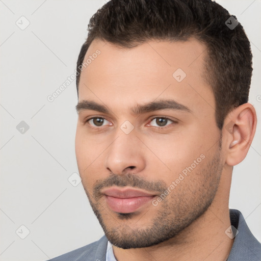 Neutral white young-adult male with short  brown hair and brown eyes