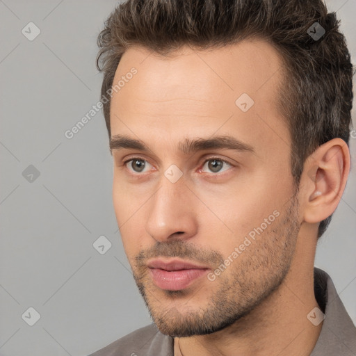 Neutral white young-adult male with short  brown hair and brown eyes