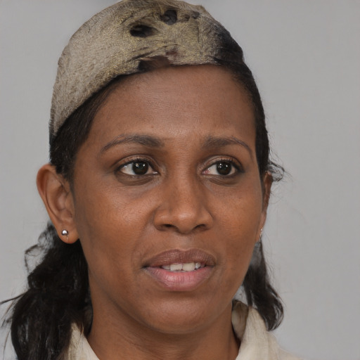 Joyful black adult female with medium  brown hair and brown eyes