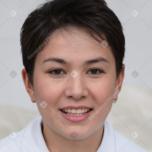 Joyful white young-adult female with short  brown hair and brown eyes