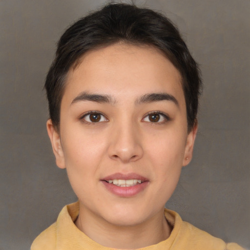 Joyful white young-adult female with short  brown hair and brown eyes
