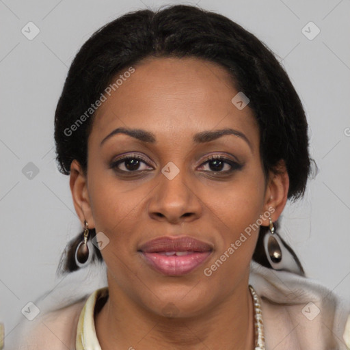 Joyful black young-adult female with medium  brown hair and brown eyes