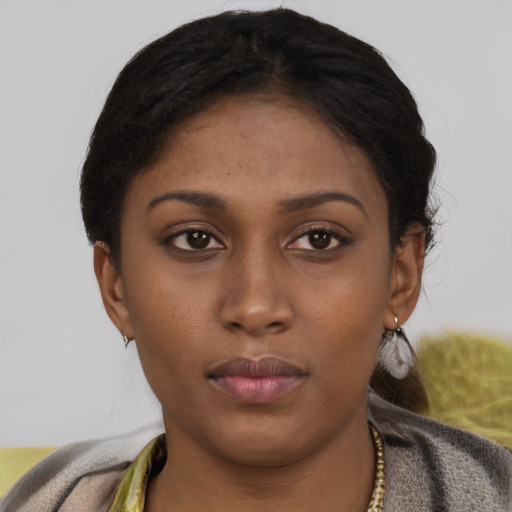 Neutral black young-adult female with short  brown hair and brown eyes
