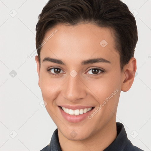 Joyful white young-adult female with short  brown hair and brown eyes