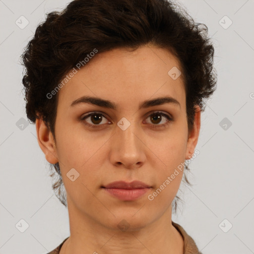 Neutral white young-adult female with short  brown hair and brown eyes