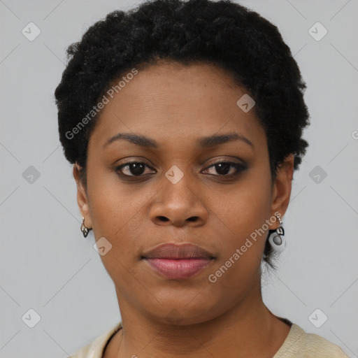 Neutral black young-adult female with short  black hair and brown eyes