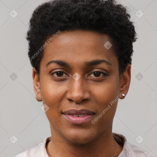 Joyful black young-adult female with short  black hair and brown eyes