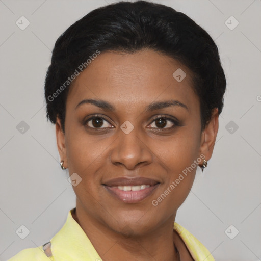 Joyful latino young-adult female with short  black hair and brown eyes