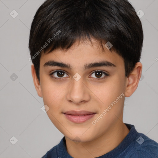 Joyful white child male with short  brown hair and brown eyes