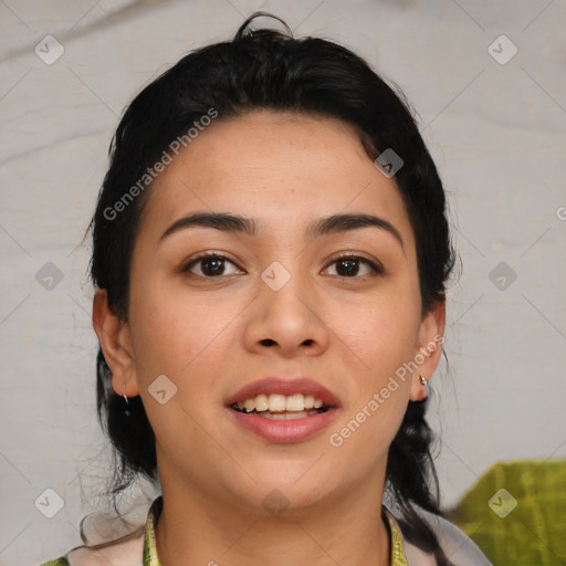 Joyful asian young-adult female with medium  black hair and brown eyes