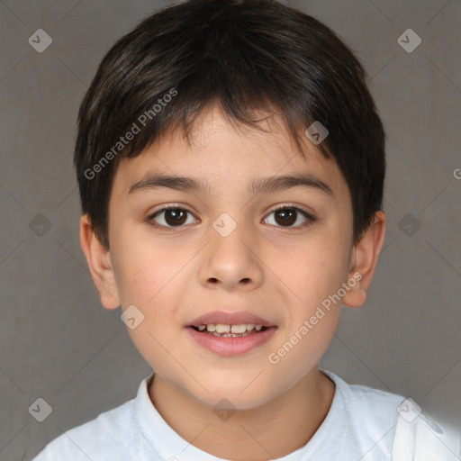 Joyful white child male with short  brown hair and brown eyes