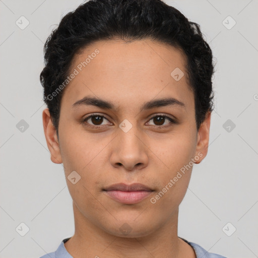 Neutral latino young-adult male with short  brown hair and brown eyes