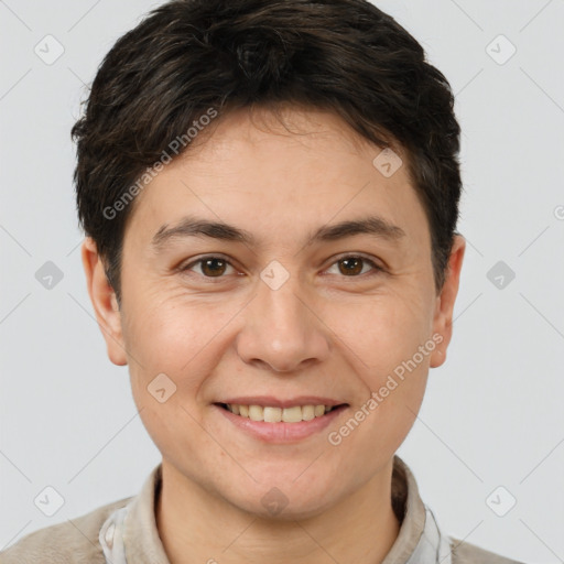 Joyful white young-adult female with short  brown hair and brown eyes