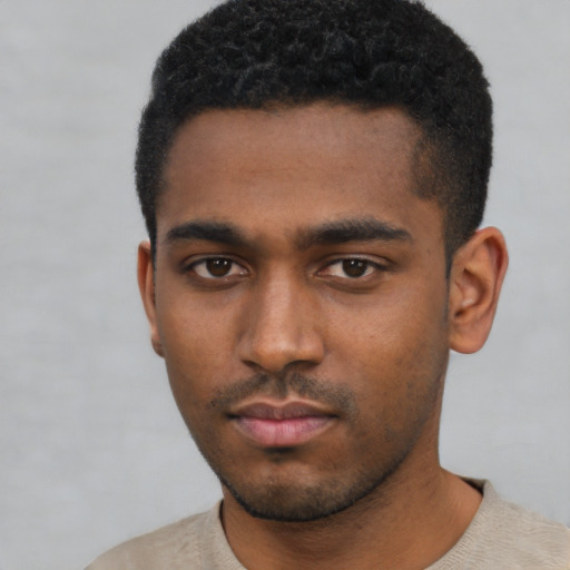 Neutral black young-adult male with short  black hair and brown eyes