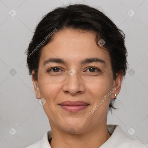 Joyful white adult female with short  brown hair and brown eyes