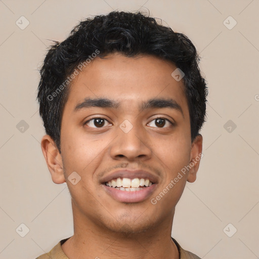 Joyful latino young-adult male with short  black hair and brown eyes