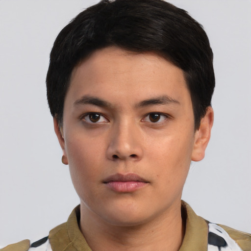 Neutral asian young-adult male with short  black hair and brown eyes