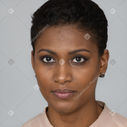 Neutral black young-adult female with short  brown hair and brown eyes