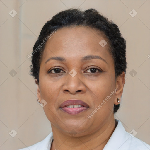 Joyful black adult female with short  brown hair and brown eyes