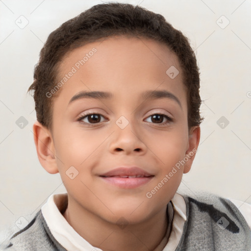 Joyful white child female with short  brown hair and brown eyes