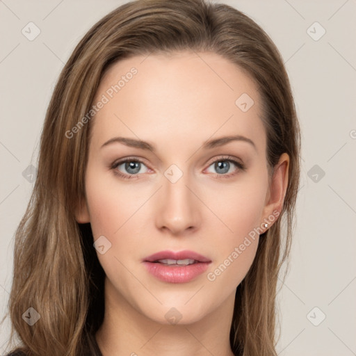 Neutral white young-adult female with long  brown hair and grey eyes