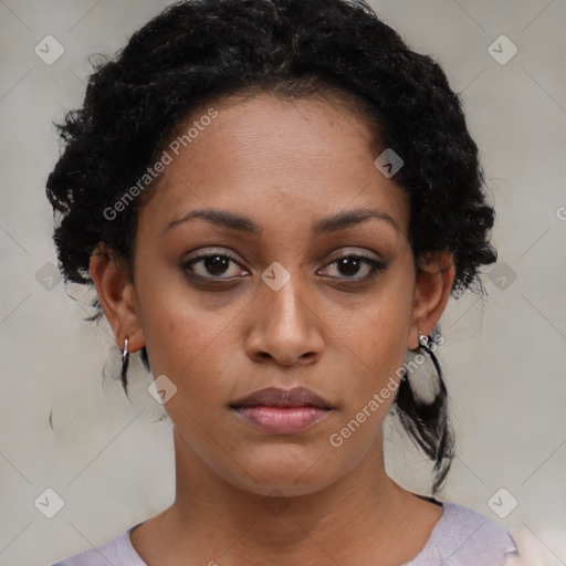 Neutral black young-adult female with medium  brown hair and brown eyes