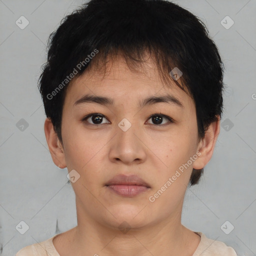 Neutral asian young-adult female with short  black hair and brown eyes