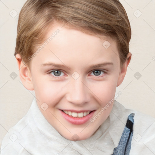 Joyful white child female with short  brown hair and grey eyes