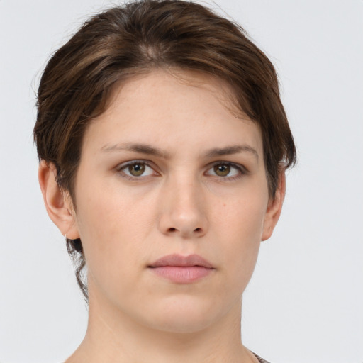 Neutral white young-adult female with short  brown hair and brown eyes