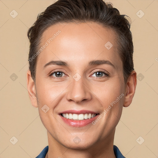 Joyful white young-adult female with short  brown hair and brown eyes