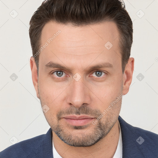 Neutral white adult male with short  brown hair and brown eyes