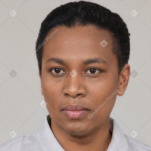 Neutral black young-adult female with short  black hair and brown eyes
