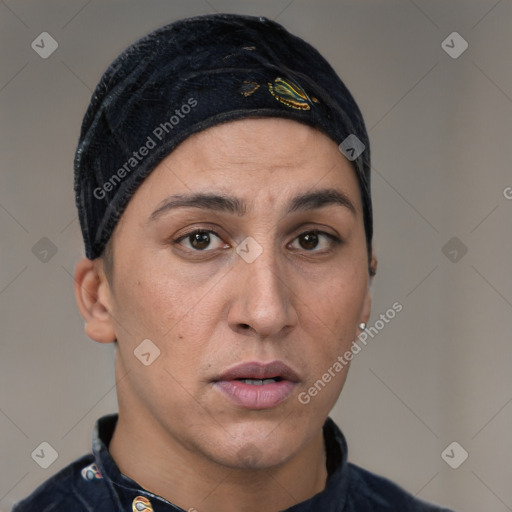 Neutral latino young-adult female with short  black hair and brown eyes