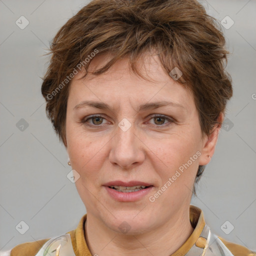 Joyful white adult female with short  brown hair and brown eyes