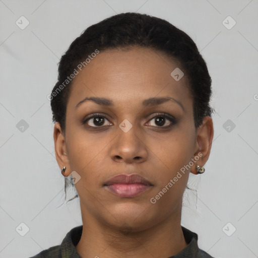 Neutral black young-adult female with short  black hair and brown eyes