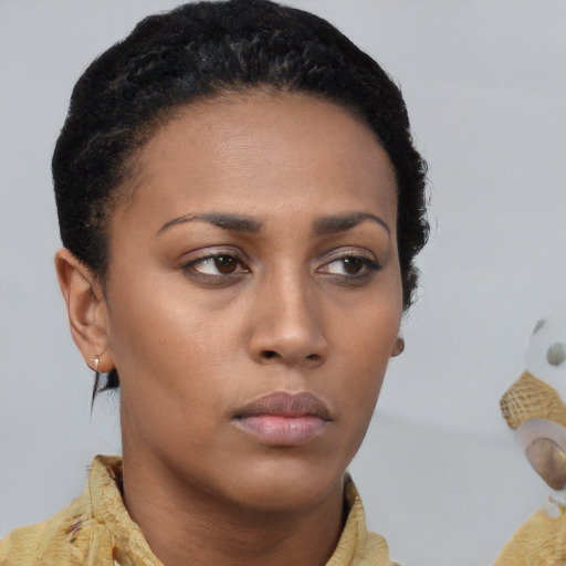 Neutral black young-adult female with short  brown hair and brown eyes