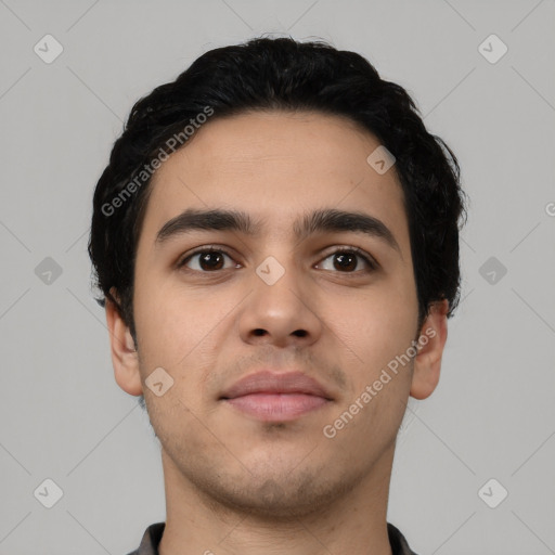 Neutral latino young-adult male with short  black hair and brown eyes