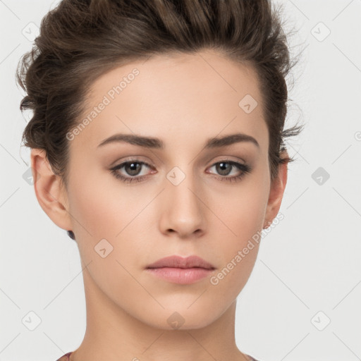 Neutral white young-adult female with short  brown hair and brown eyes