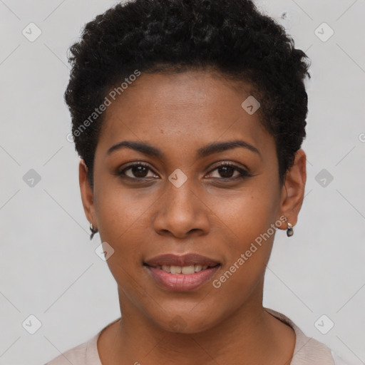 Joyful black young-adult female with short  brown hair and brown eyes