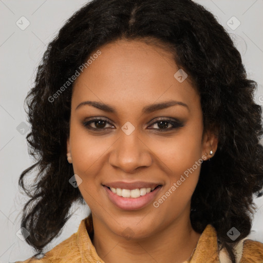 Joyful black young-adult female with medium  brown hair and brown eyes